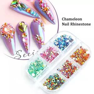 1 Kutu Glitter 3D Rhinestones AB Düz Geri Parlak Taşlar Nail Art Süslemeleri Karışık Boyutu Çivi Taşlar Kristal Strass Accessoires