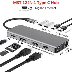 Type C Docking Station MST Multi Hub Dual RJ45 VGA USB3.0 Audio Adapter for MacBook Pro/Air Thunderbolt 3 Dock