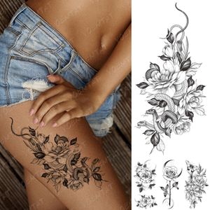Waterproof Temporary Snake Flower Tattoo Sticker for Women, Black Flash Sketch Line Body Art Arm Thigh Fake Tatto for Men