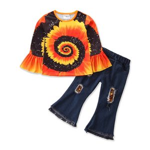 Toddler Çocuk Bebek Kız Denim Kıyafet Giyim Setleri Ayçiçeği Gömlek Cami Geniş Bacak Pantolon Giyim Set 1-6Y