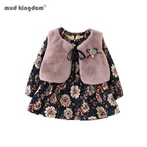 Mudkingdom bebê menina conjunto de inverno meninas manga longa floral princesa vestido faux peles colete 210615