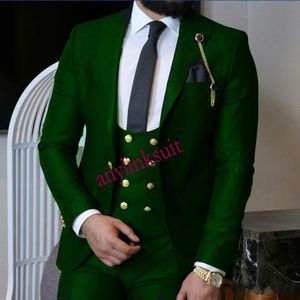 Son Tasarım Tek Düğme Siyah / Yeşil / Şarap / Mavi Damat Smokin Tepe Yaka Düğün Erkekler Üç Adet Suits (Ceket + Pantolon + Yelek + Kravat) W1316