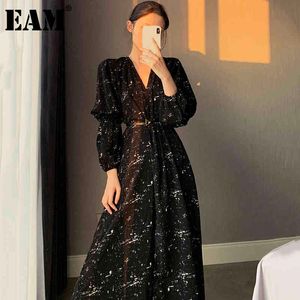 [EAM] Kadınlar Siyah Şifon Baskılı Büyük Boy Elbise V Yaka Puf Uzun Kollu Gevşek Fit Moda İlkbahar Sonbahar 1dD6055 21512