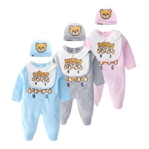 Perakende Yenidoğan Tulum Bebek Romper 2 adet Set Kapaklı Pamuk Ayı Baskılı Tek Parça Onesies Erkek ve Kız Giyim Bodysuit Toddle Bebek Çocuk Tasarımcı Giysi