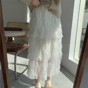 Maxi Şifon Etek Kadın Moda Kore Elastik Yüksek Bel Kek Uzun Etekler Kadın Lady Siyah Beyaz Dipler 210525