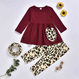 Varış Sonbahar ve Bahar Bebek / Yürüyor Kızlar Leopar Baskı Elbise Pantolon Headb Set Çocuk Giyim ile 210528