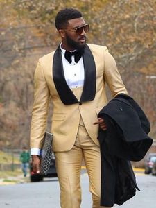 Stil Groomsmen Altın Damat Smokin Şal Siyah Yaka Erkekler Düğün Adam Suits 3 Parça (Ceket + Pantolon + Yelek + Kravat) D92 erkek Blazers