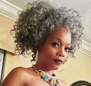 Соль и перец серый вьющиеся вьющиеся бразильские волосы хвост африканский стиль слойки 14 дюймов серебристый серый 100% человеческое пони хвостовое удлинение для черных женщин