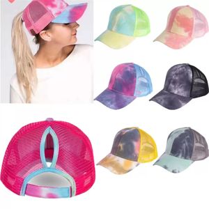 Stock 7 Style Baseball Hat Ponytail Baseball Cap Washed Cotton Trucker Caps Snapback Tie-Dye Colorful Mesh Cap Xu