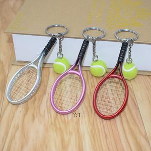 Spor Tenis Raket Anahtarlık El Yapımı Mini 3D Tenis Raket Topu Anahtarlık Anahtarlık Çanta Kolye Charms Parti Favor LLA10759