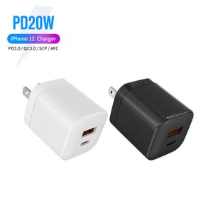 20 W PD Hızlı Şarj USB QC3.0 Tip-C Duvar Şarjları ABD AB İNGILTERE Plugs 18 W Güç Adaptörü Perakende Ambalaj ile Çift Bağlantı Noktaları