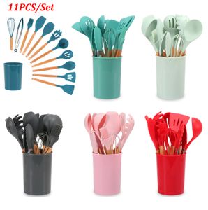 11PCS Silicone Cooking Utensils Set Non-stick Spatula Shovel Wooden Handle Cooking Tools Set With Storage Box Kitchen Tools
