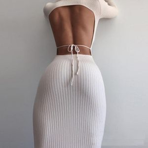 Günlük Elbiseler Zarif Kadınlar Uzun Kollu Elbise Vintage Örme Elastik Backless Bodycon Sonbahar Kış Seksi Bayanlar Düğme Parti