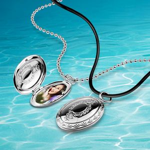 Fine Oval Carved Flower stripe Locket Pendant Necklace Women Vintage 925 silver Opening Photo Box Jewelry