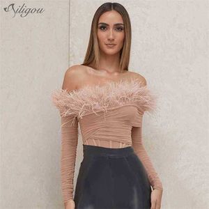 Kadın Seksi Kapalı Omuz Tüy Allık Örgü Sıkı Bandaj T-shirt Yaz Vestido Kulübü Uzun Kollu Top 210525