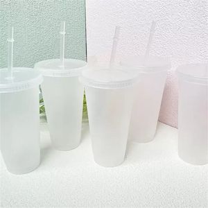 24oz de copo transparente de pl￡stico Tumbler transparente ver￣o reutiliz￡vel bebendo suco de caf￩ com tampa e palha GJ0216