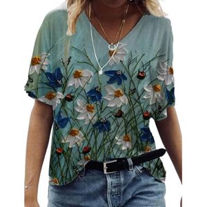 Erkek Tişörtler Moda Kadın Tişört Yaz Kısa Kol V-Gutt 3D Çiçek Baskılı Tee Gündelik Sokak Giyim Üstleri Artı Boyut 4xl 5xl Bayan Camise