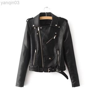 2022 New Fashion Women Autunm Winter Black Faux Leather Jackets Lady Bomber Motorcycle Cool Outerwear Toat с ремнем L220801