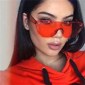 Güneş gözlüğü Şeker Renk Sarı Pembe Kırmızı Kadın Moda Tonları Düz Üst Çerçevesiz Güneş Gözlükleri Kadınlar Için Lunette De SoleilSunglasses