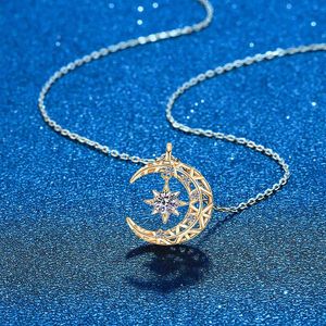 Moissanite Diamond 14K Rose Gold Plated 925 Sterling Silver Moon Star Collana con pendente per le donne Ragazze Fine Jewelry