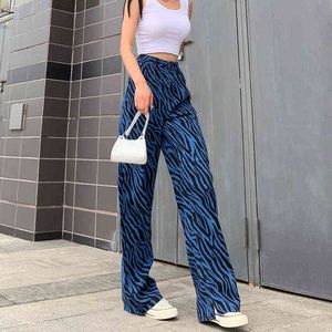 2021 Modaya uygun zebra baskı gündelik yüksek bel kot pantolon kadın şık vahşi şık alışveriş sokak giyim geniş borular denim pantolon l220726