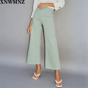 Za Jeans ZW Premium Deniz Düz Yüksek Bel kot pokalları, arka yama ceplerine sahip dikişsiz havalar üst düğme ile ön zip sine 210302