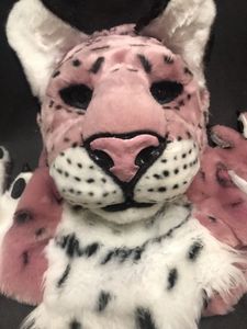 Pembe Leopar Maskot Kostüm Gerçekçi Leopar Fursuit Baş ve Pençeleri