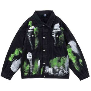 Hip hop denim ceket erkekler boya grafiti sokak kıyafetleri yıkanmış pamuk Japon varsity motosiklet bisikletçisi kot retro goth punk ceket t220728