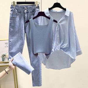 Kadınlar İki Parçalı Pantolon Kadın Çizgili Gömlek Yelek Kotları Üç Bahar Sonbahar Zarif Bluz Takım Kore Moda Top Kot Pantolon Set E