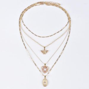 Подвесные ожерелья Shuangr Women Ожерелье Ангел Сердце Розовое хрустальное ключичное цепь Многослойное золото