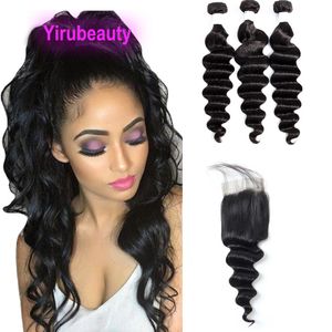 Brazilian Loose Deep Wefts 4PCS 3 Bundles With 5X5 Lace Closure Free Middle Three Part ral Color Yirubeauty