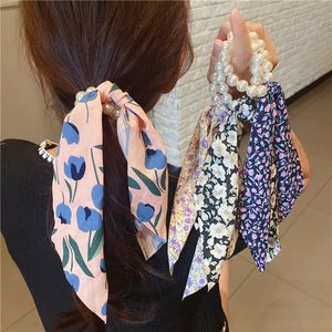 12pcs kızlar yaz elastik yay scrunchies çiçek baskı at kuyruğu eşarp saç bağları aksesuarlar uzun şerit saç bantları