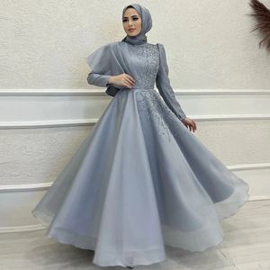 Boncuklu İslami Hijab Gece Elbiseler Yüksek Boyun Tam Kollu Balo Palavarı Şifon Ayak Bileği Uzunluğu Arapça Dubai Özel Fırsat Elbise