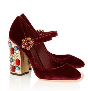 Мэри Джейнс фиолетовый бархатный бархатный туфли на каблуках хрустальные бриллианты кусочки каблуки для женщин для женских щиколот