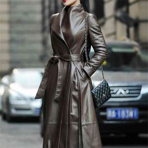 Nerazzurri Autumn Long Brown Black Soft Faux Leather Trench Coat for Women Belt Long Sleeve Skirted Elegant Luxury Fashion 210923