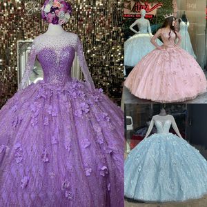 Blingbling quinceanera elbise 2023 kollu ışıltı pullu kristal çiçek tatlı 16 elbisesi vestidos de 15 anos charro charro meksika açık mavi lavanta pembe ayva kraliçesi