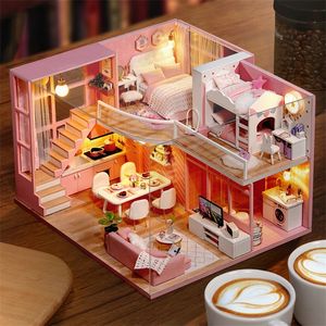 DIY Doll House Деревянные кукольные домики Миниатюрный кукольный домик Комплект мебели Игрушки для детей Рождественский подарок T200116