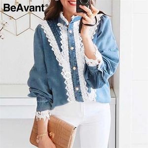 Beavant Vintage Denim Blue Women Blouse Рубашка осень зимняя кружев с длинным рукава