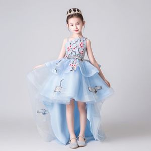 Kız Elbiseleri Lüks Nakış Çiçek Kız Elbise Düğün Hi-Low Uzun Kuyruk Mavi Genç Kızlar Resmi Prenses Pageant Gownsgirl