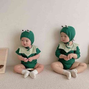 Bebek erkek kıyafetler yaz kısa kollu romper seti sevimli karikatür yeşil kurbağa unisex erkek kızlar tulum ile şapka iki parçalı takım elbise g220521