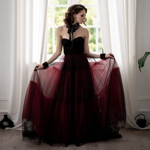 Gotik Siyah ve Şarap Kırmızı Bir Çizgi Gelinlik 2022 Piller Tatlım Korse Uzun Tül Gelin Gowns Vintage Zemin Uzunluğu Resepsiyon Engagent Gelin Elbiseler