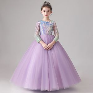 Mor Payetli Balo Çiçek Kız Elbise Düğün için Boncuklu Puffy Küçük Kızlar Pageant Elbise Toddler İlk Kutsal Communion Gowns