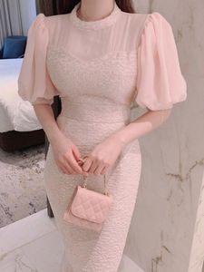 Günlük Elbiseler [EWQ] Kore Mizaç Tatlı Vestidos O-Boyun Burrs Patchwork Mesh Puf Kollu Geri Dantel Up Yay Zarif Kadın Parti Elbise R1