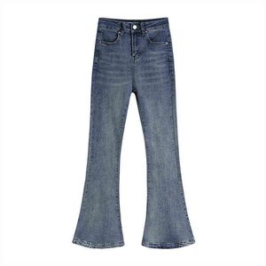 İlkbahar Yaz Yeni Mavi Firared Jeans Kadın Retro Hong Kong Tarzı Yüksek Bel İnce Uygun Streç At Nalı Pantolon Kadın Pantolon T220728