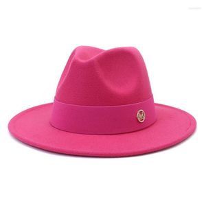 Berets Women Fedora Hat Pink Belt Elegant Men Wide Brim Panama Trilby Cap British Style Party Formal WholesaleBerets Wend22