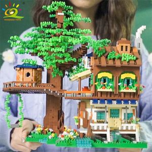 Huiqibao elfler yeşil ağaç ev mini yapı taşları moc mikro tuğla oyuncaklar çocuklar için boy diy şehir sokak görünüm modeli 220715