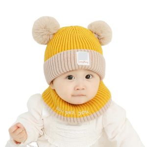 Шляпы кепков 2 шт. Малыш малыш детские детские зима теплой вязаная шляпа шапочка шапочка для шарфы круговой петля для девочек для девочек