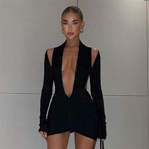 Kadınlar Sıkı Seksi Siyah Kısa Es Uzun Kollu Arka Kesim Elbise Y2K Mini Yaz Bayanlar Akşam Kulübü Partisi Giysileri 220608