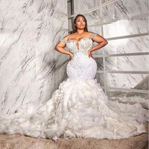 Vestidos de noiva de sereia plus size namorada traseiro de tule tule renda de renda de cristal 2022 Princesa igreja brilhante vestidos de noiva reais