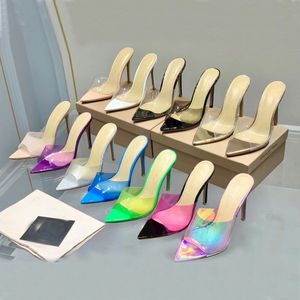 Новые каблуки Grossi Rossi Slipers Sandals Stiletto Mules PVC Высокие каблуки 105 мм с открытым ножом женщины-экологи